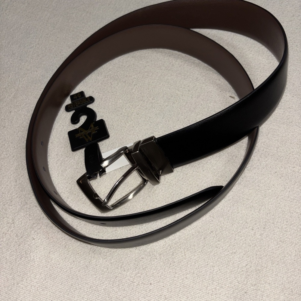 Men's Warehouse Black Brown Reversible Belt Silver‎ Buckle Size 46